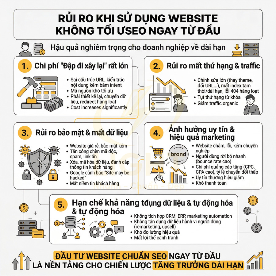 Infographic rủi ro khi dùng website không tối ưu SEO và lợi ích đầu tư website chuẩn SEO ngay từ đầu