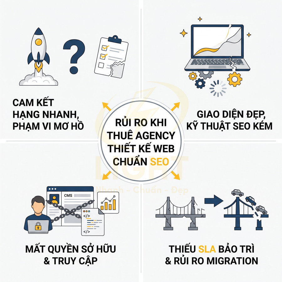 Rủi ro khi thuê agency thiết kế web chuẩn SEO với các vấn đề cam kết mơ hồ, SEO kém, mất quyền sở hữu và thiếu bảo trì