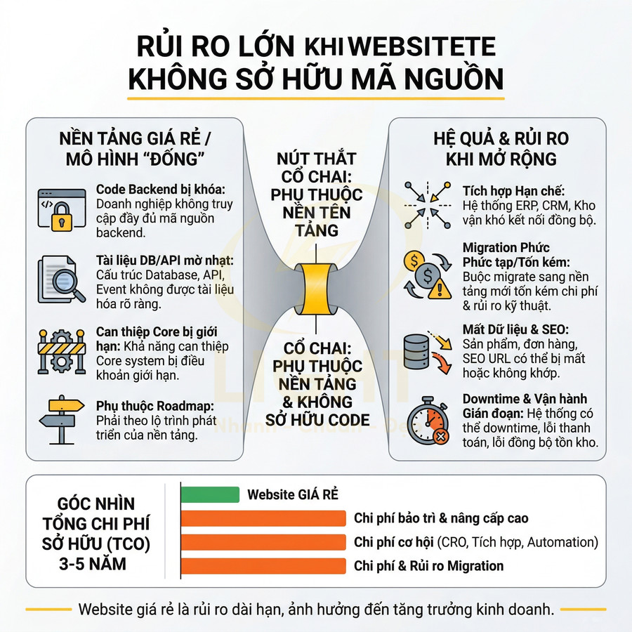 Infographic rủi ro lớn khi dùng website giá rẻ không sở hữu mã nguồn và phụ thuộc nền tảng bên thứ ba