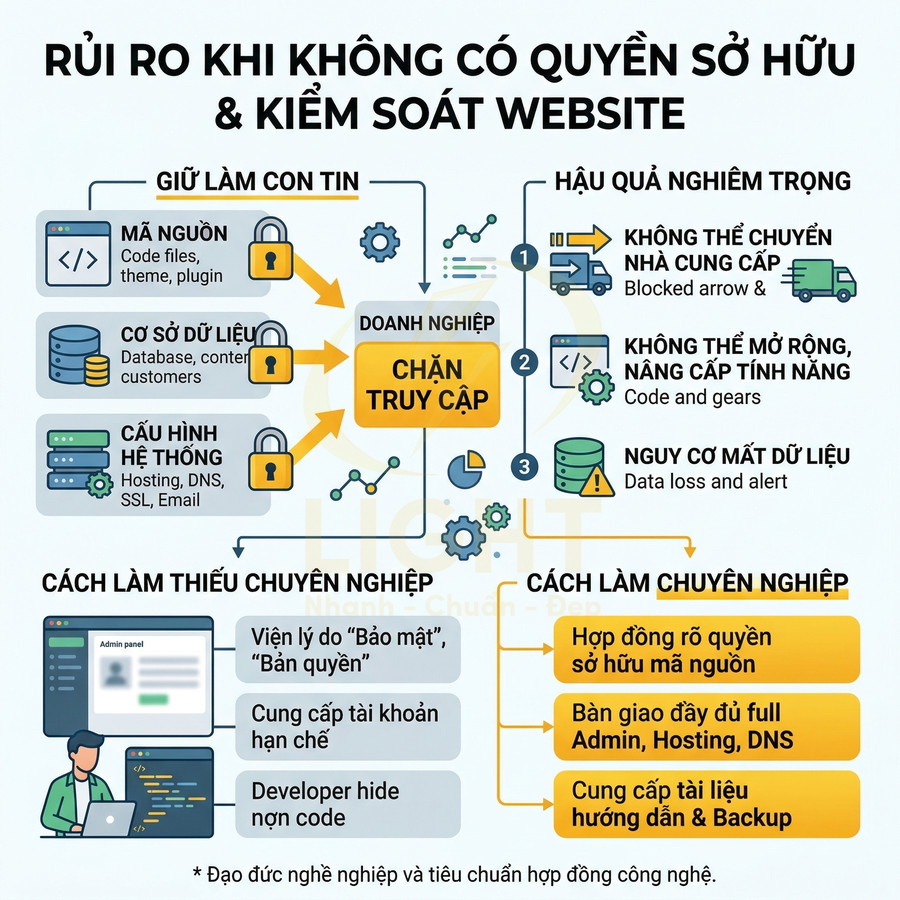 Infographic rủi ro khi doanh nghiệp không có quyền sở hữu và kiểm soát website, hậu quả và cách làm chuyên nghiệp