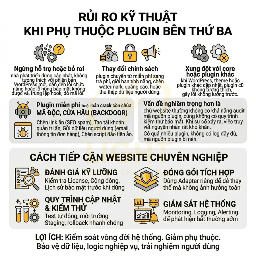 Infographic rủi ro kỹ thuật khi phụ thuộc plugin bên thứ ba và cách tiếp cận xây dựng website chuyên nghiệp