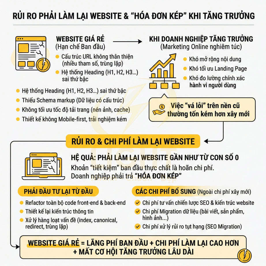 Infographic rủi ro làm website giá rẻ, chi phí làm lại website và mất cơ hội tăng trưởng doanh nghiệp