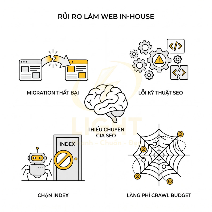 Rủi ro làm web inhouse gồm migration thất bại, lỗi kỹ thuật SEO, chặn index, lãng phí crawl budget