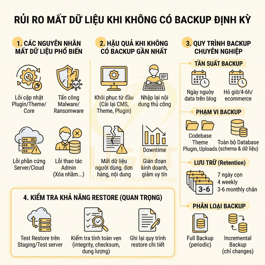 Rủi ro mất dữ liệu khi không backup định kỳ và quy trình backup, kiểm tra restore cho website, server