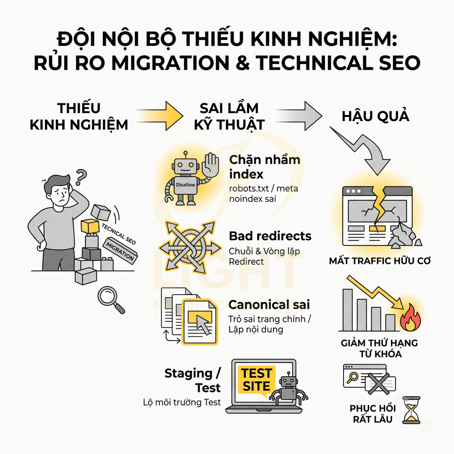 Minh họa rủi ro migration và technical SEO do đội nội bộ thiếu kinh nghiệm dẫn đến lỗi index, redirect, canonical, staging