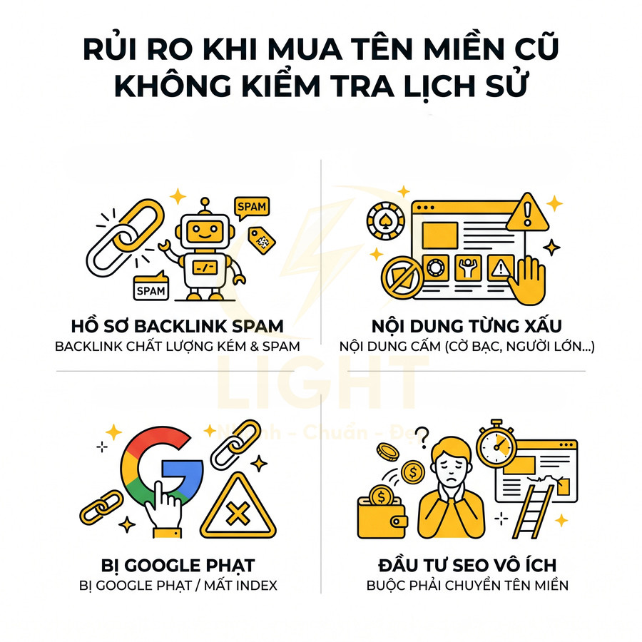 Infographic rủi ro khi mua tên miền cũ không kiểm tra lịch sử như backlink spam, nội dung xấu, bị Google phạt, đầu tư SEO vô ích
