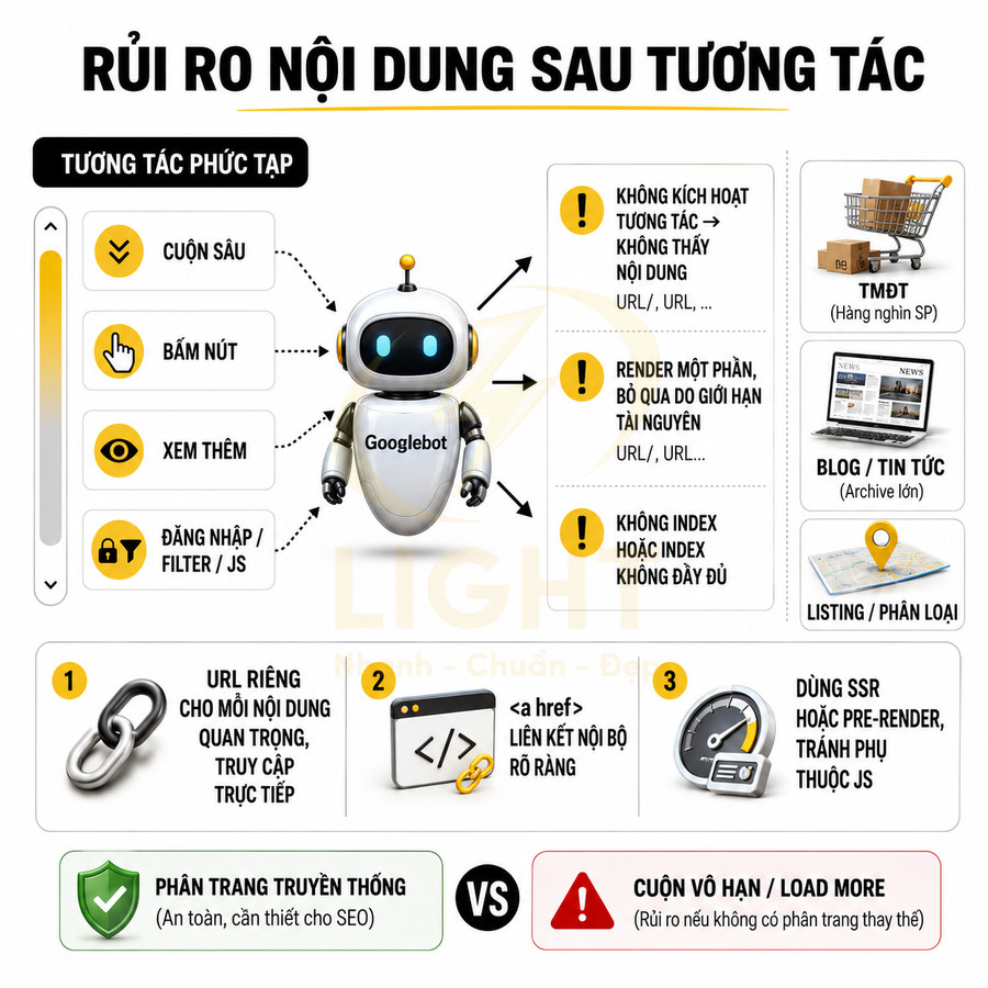 Infographic Googlebot và rủi ro nội dung sau tương tác khi dùng cuộn vô hạn, load more so với phân trang truyền thống SEO