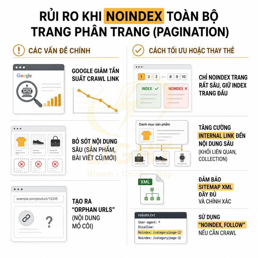 Infographic rủi ro khi noindex toàn bộ trang phân trang và cách tối ưu SEO pagination