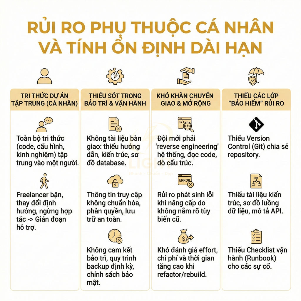Rủi ro phụ thuộc cá nhân và tính ổn định dài hạn trong bảo trì vận hành hệ thống phần mềm
