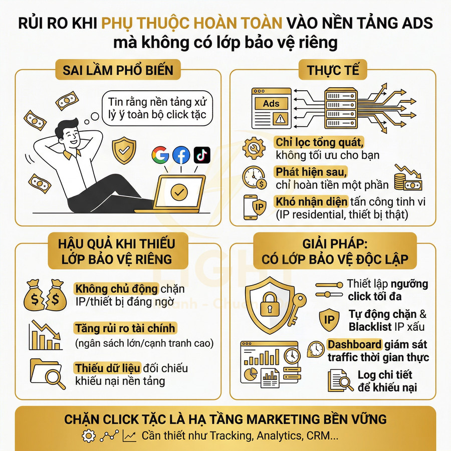 Infographic rủi ro phụ thuộc nền tảng quảng cáo và giải pháp lớp bảo vệ độc lập chống click tặc