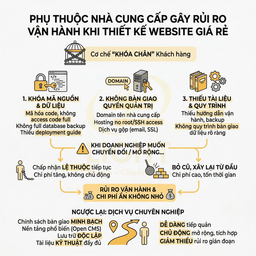 Infographic cảnh báo rủi ro phụ thuộc nhà cung cấp khi thiết kế website giá rẻ và lợi ích dịch vụ thiết kế web chuyên nghiệp