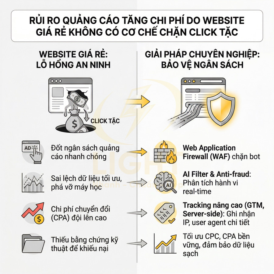So sánh rủi ro website giá rẻ không chặn click tặc với giải pháp bảo vệ ngân sách quảng cáo bằng WAF và AI chống gian lận