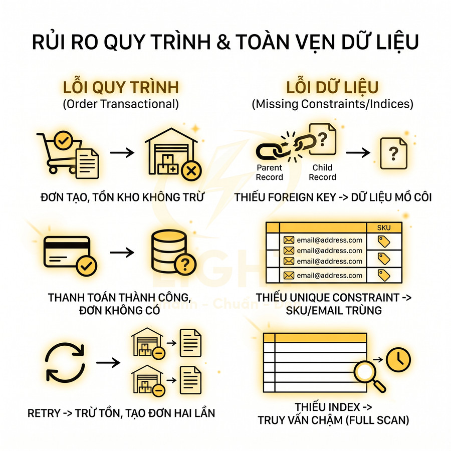 Minh họa các rủi ro quy trình đặt hàng và toàn vẹn dữ liệu như lỗi tồn kho, thanh toán, khóa ngoại, unique và index