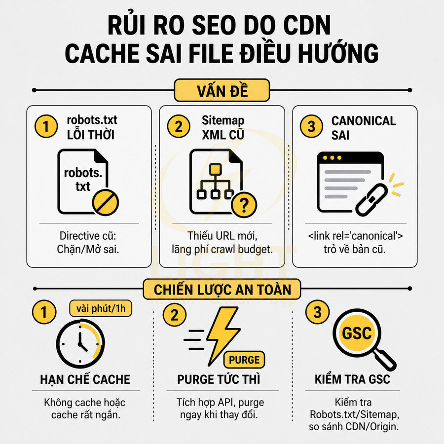 Infographic rủi ro SEO do CDN cache sai robots.txt, sitemap, canonical và chiến lược hạn chế cache, purge, kiểm tra GSC