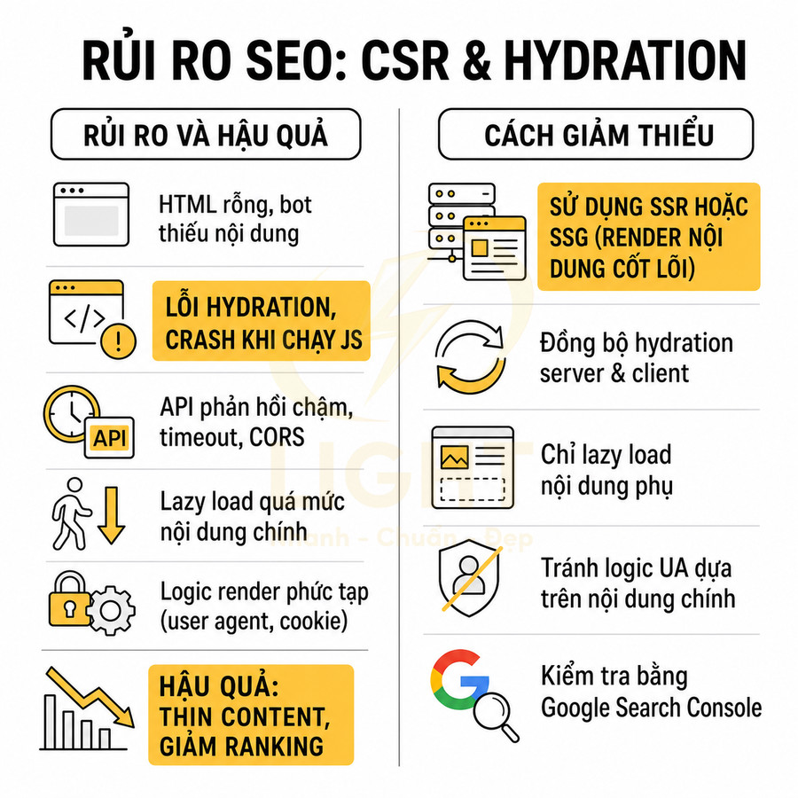 Infographic rủi ro SEO khi dùng CSR và hydration và các cách giảm thiểu như SSR, SSG, tối ưu lazy load