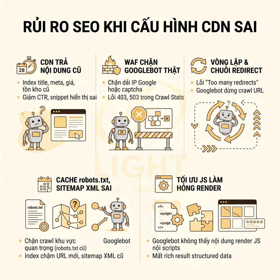 Infographic các rủi ro SEO khi cấu hình CDN sai như cache robots.txt, chặn Googlebot, vòng lặp redirect