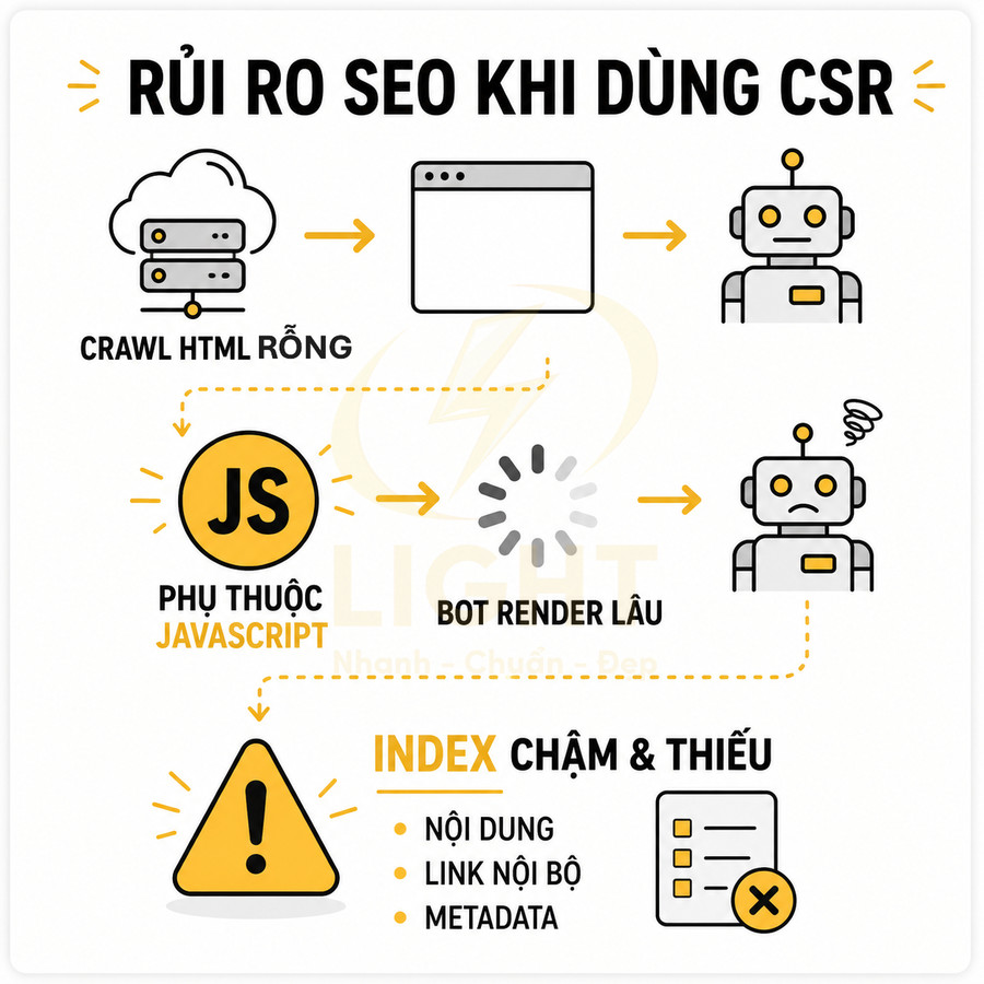 Minh họa rủi ro SEO khi dùng CSR: crawl HTML rỗng, phụ thuộc JavaScript, bot render lâu, index chậm và thiếu nội dung