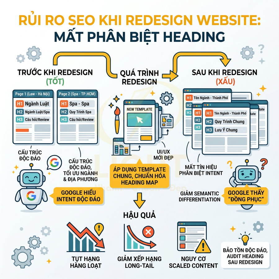 Infographic rủi ro SEO khi redesign website do mất phân biệt heading và hậu quả tụt hạng, nội dung trùng lặp