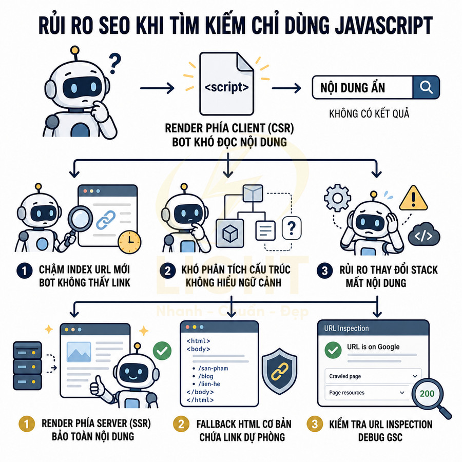 Infographic rủi ro SEO khi website chỉ dùng JavaScript và giải pháp render phía server, fallback HTML, kiểm tra URL Inspection