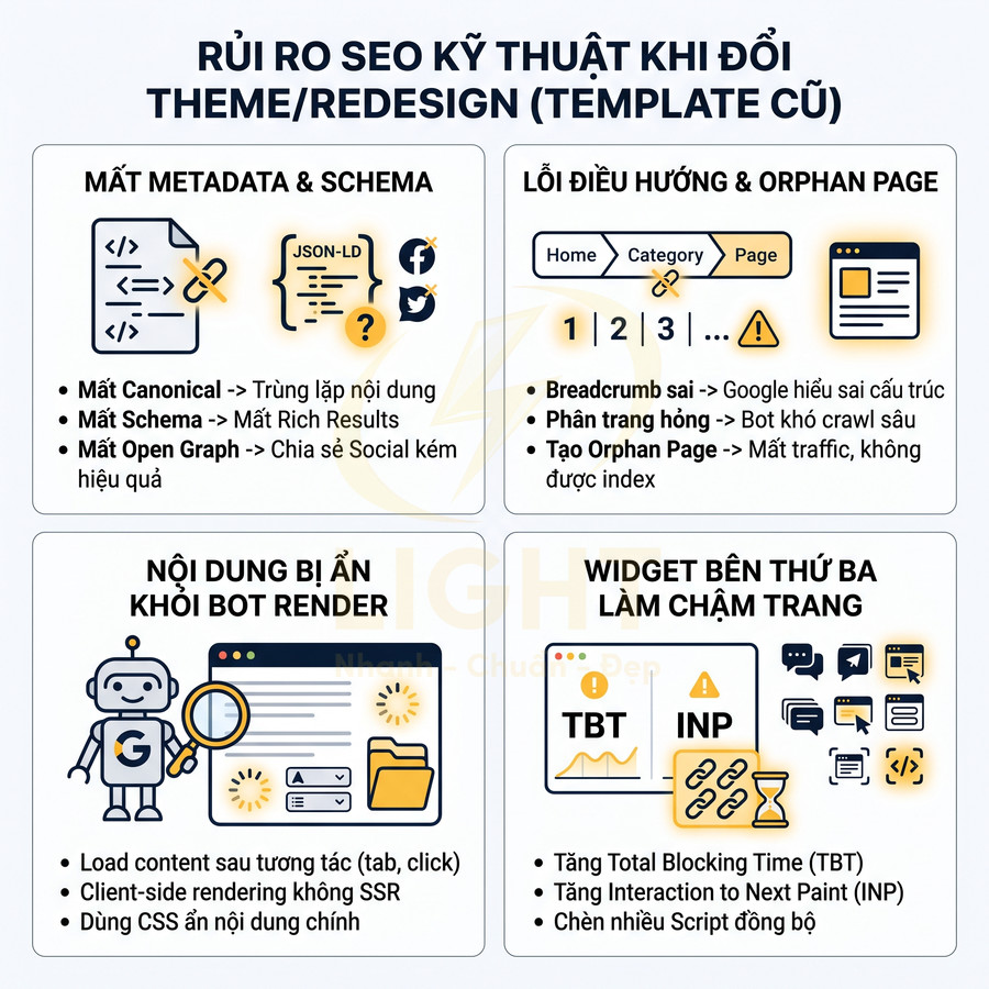 Infographic rủi ro SEO kỹ thuật khi đổi theme website như mất metadata, lỗi điều hướng, nội dung ẩn và widget bên thứ ba