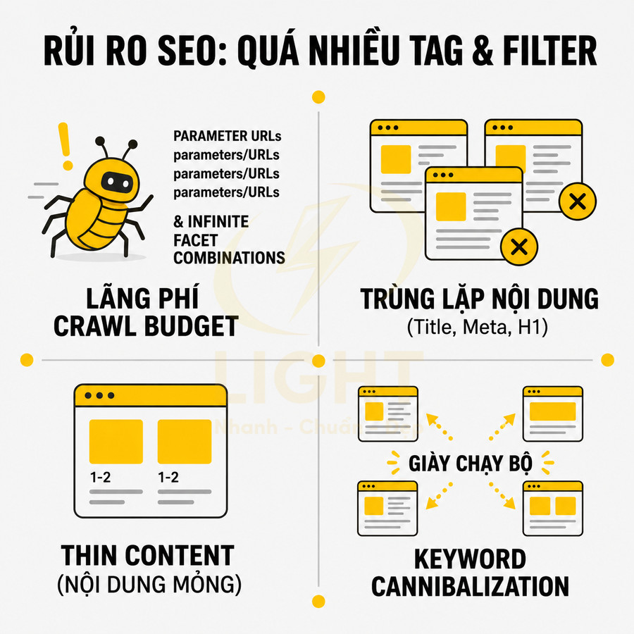 Infographic rủi ro SEO khi dùng quá nhiều tag và filter như lãng phí crawl budget, trùng lặp nội dung, thin content