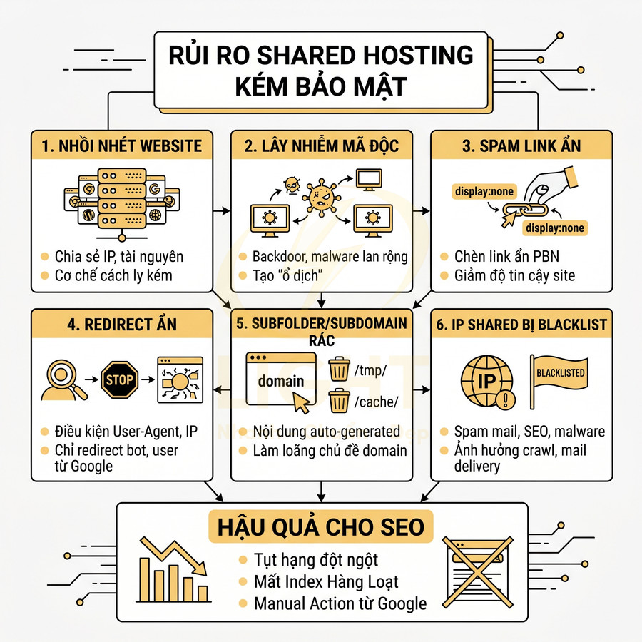 Infographic rủi ro bảo mật shared hosting và hậu quả cho SEO như nhồi nhét website, mã độc, spam link ẩn
