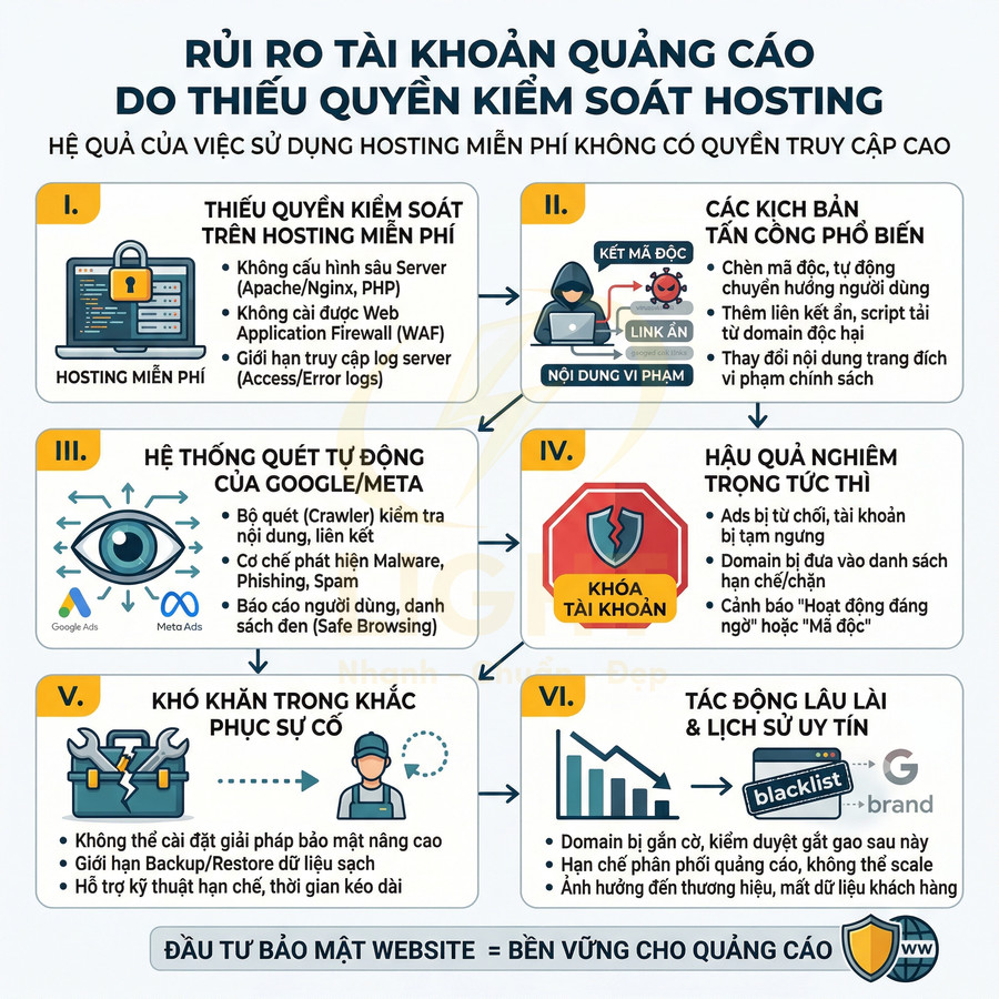 Infographic rủi ro tài khoản quảng cáo khi dùng hosting miễn phí thiếu bảo mật và khuyến nghị đầu tư bảo mật website