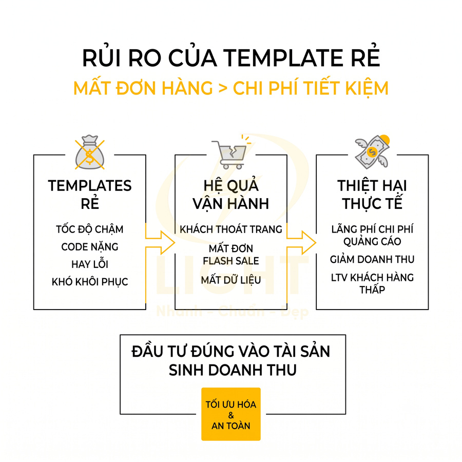 Infographic rủi ro dùng template website rẻ và khuyến nghị đầu tư giải pháp tối ưu an toàn sinh doanh thu