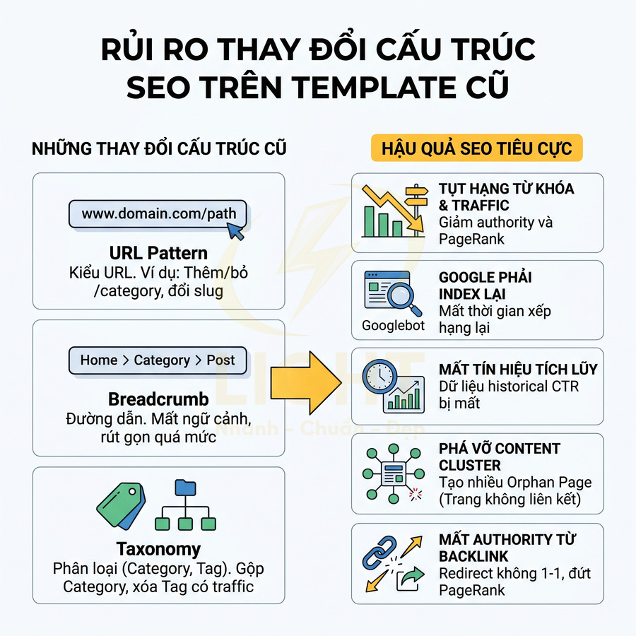 Infographic rủi ro thay đổi cấu trúc SEO trên template cũ với các thay đổi URL breadcrumb taxonomy và hậu quả SEO