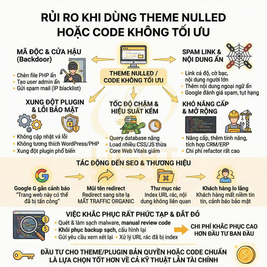 Infographic cảnh báo rủi ro khi dùng theme nulled hoặc code WordPress không tối ưu ảnh hưởng bảo mật và SEO