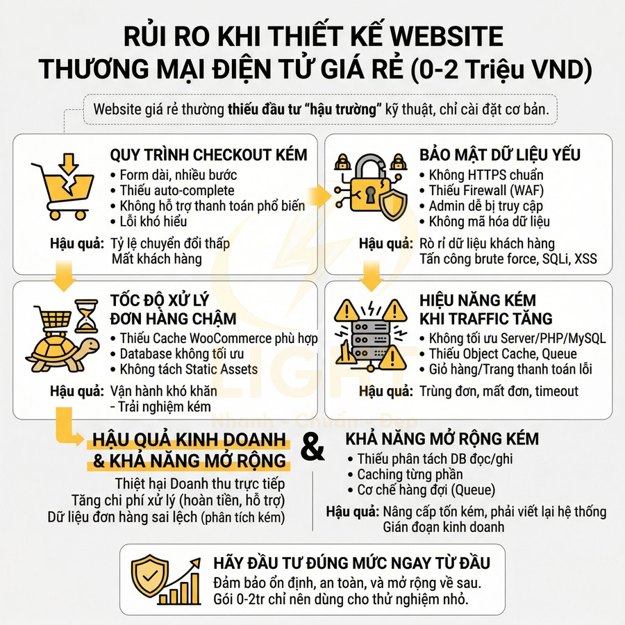 Infographic rủi ro khi thiết kế website thương mại điện tử giá rẻ và khuyến nghị đầu tư đúng mức ban đầu