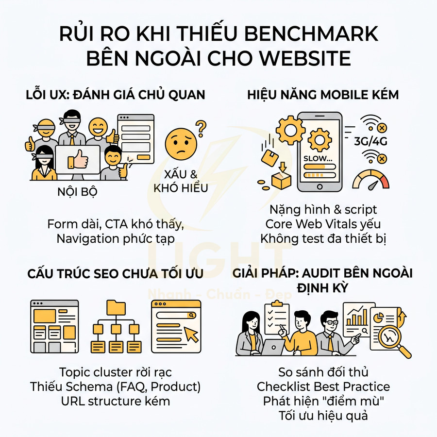 Infographic rủi ro khi thiếu benchmark bên ngoài cho website và giải pháp audit SEO định kỳ