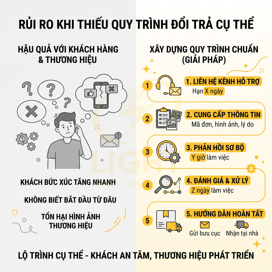Infographic quy trình đổi trả hàng hóa chuẩn giúp giảm rủi ro, tăng hài lòng khách hàng và bảo vệ thương hiệu