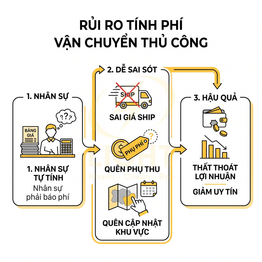 Rủi ro tính phí vận chuyển thủ công gây sai giá ship, quên phụ thu và thất thoát lợi nhuận
