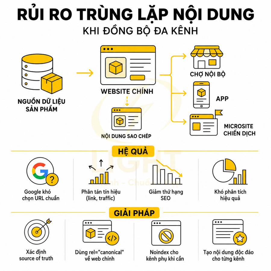 Infographic rủi ro trùng lặp nội dung khi đồng bộ đa kênh và giải pháp tối ưu SEO cho website bán hàng