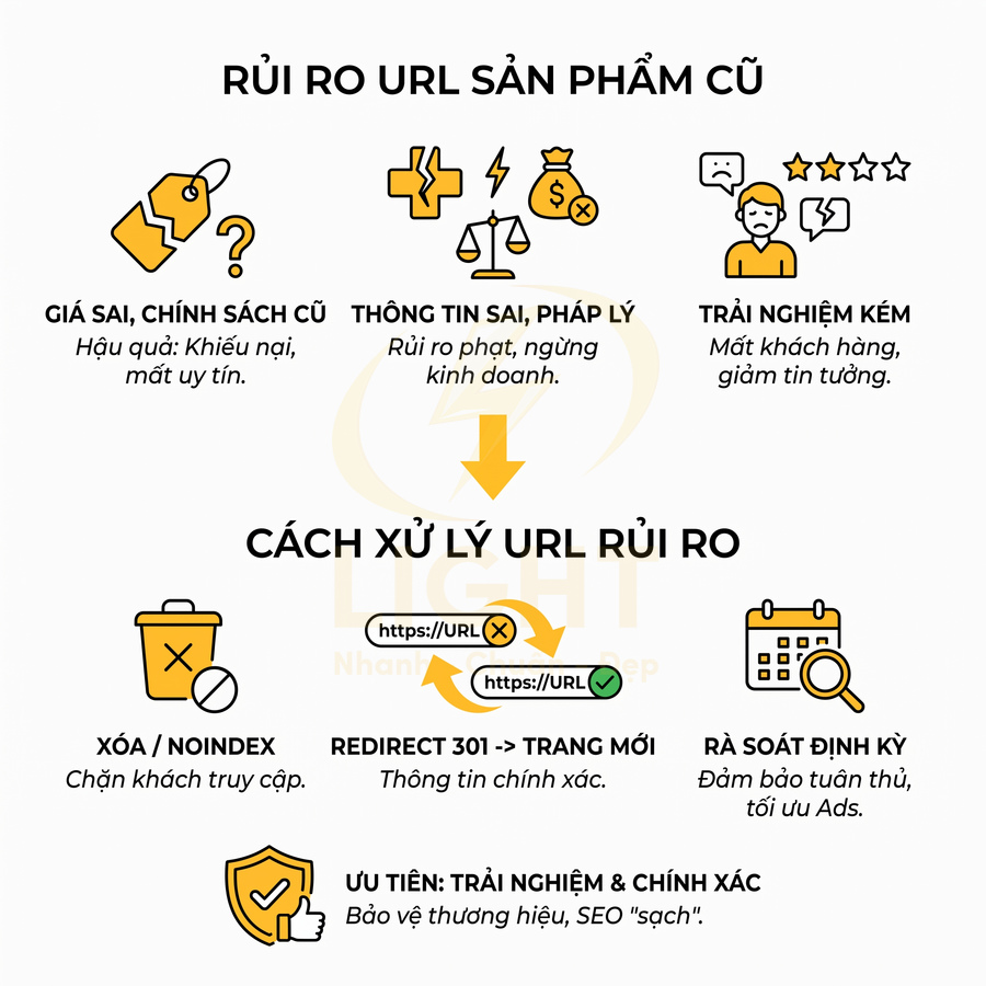 Infographic rủi ro URL sản phẩm cũ và cách xử lý bằng xóa, noindex, redirect 301, rà soát định kỳ để bảo vệ SEO