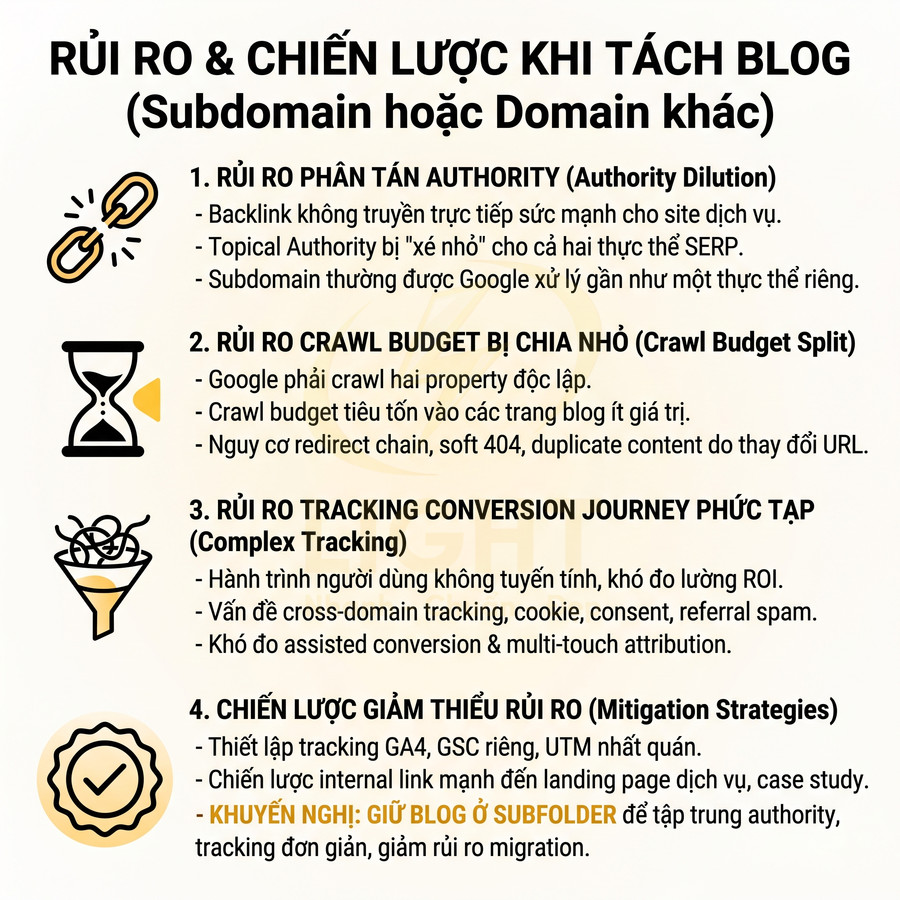 Infographic rủi ro và chiến lược SEO khi tách blog sang subdomain hoặc domain khác, khuyến nghị giữ blog ở subfolder