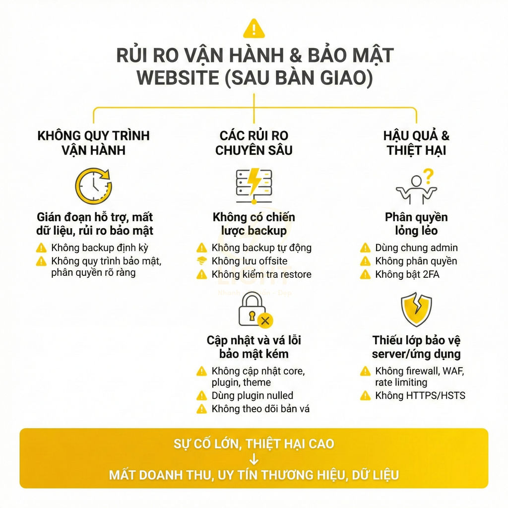 Infographic liệt kê rủi ro vận hành và bảo mật website sau bàn giao và hậu quả mất doanh thu, uy tín thương hiệu