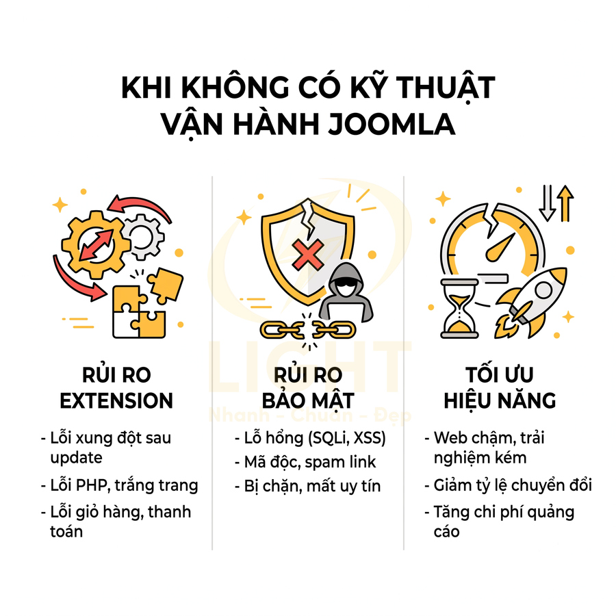 Infographic rủi ro khi không có kỹ thuật vận hành Joomla về extension, bảo mật và tối ưu hiệu năng website