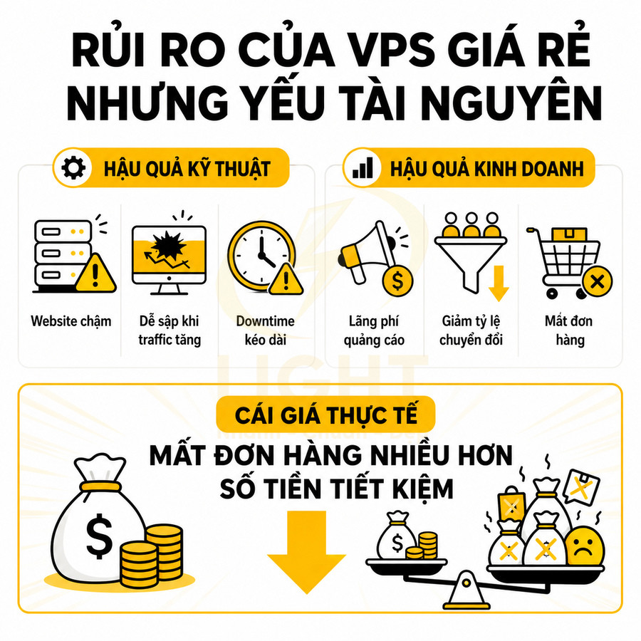 Infographic cảnh báo rủi ro khi dùng VPS giá rẻ tài nguyên yếu và cái giá mất đơn hàng cho doanh nghiệp