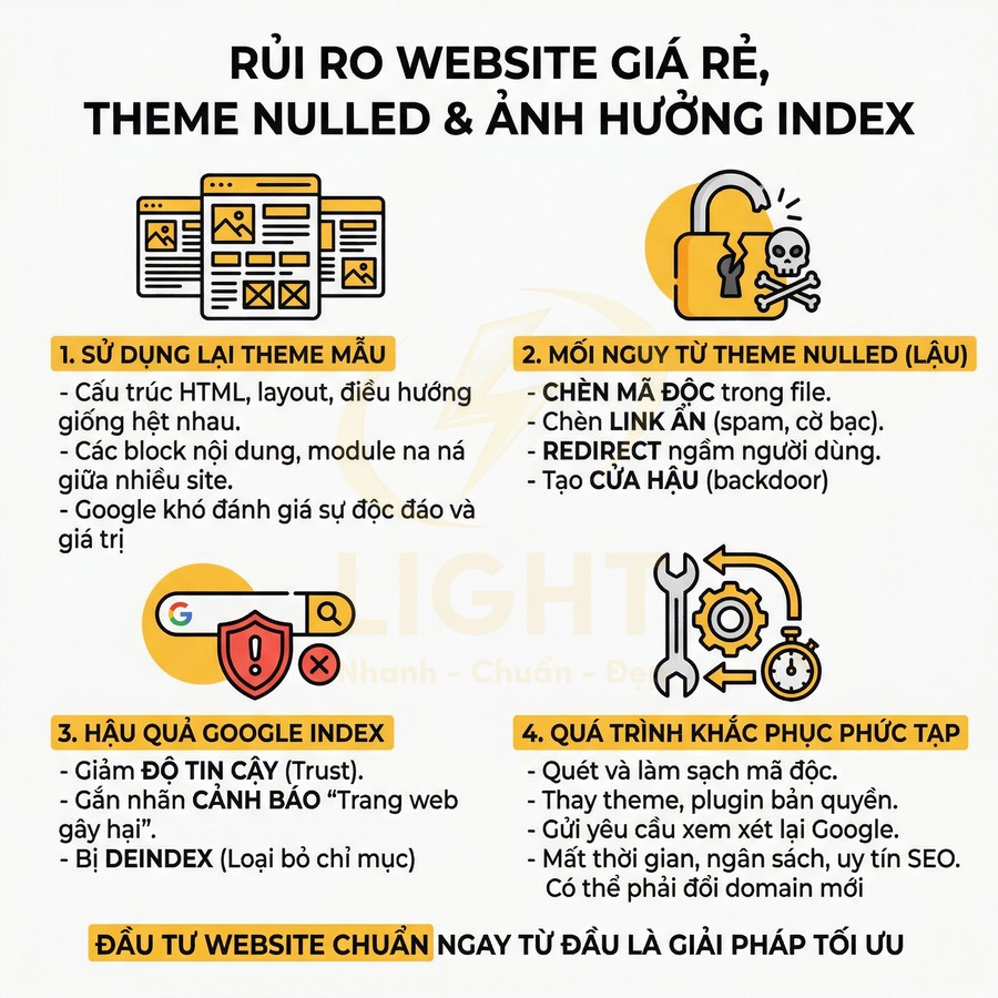 Infographic cảnh báo rủi ro dùng website giá rẻ, theme nulled và khuyến nghị đầu tư website chuẩn SEO ngay từ đầu