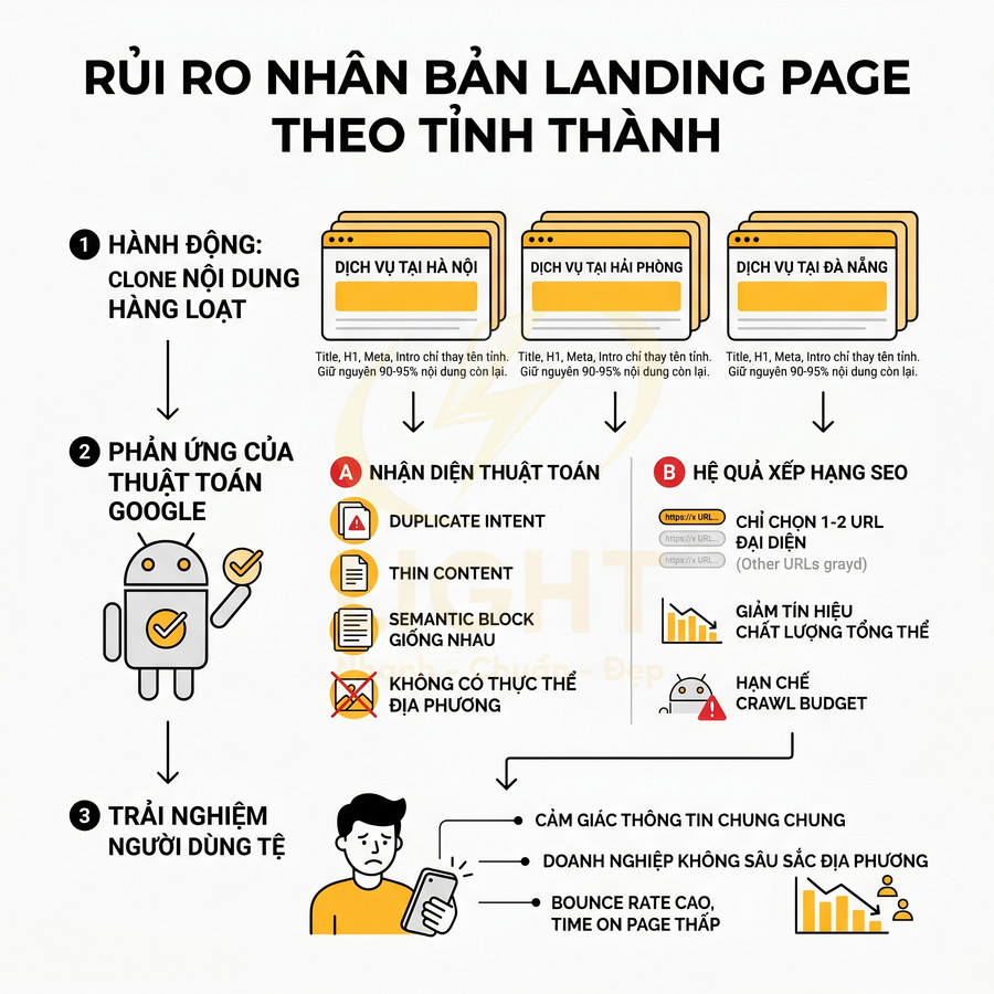 Infographic rủi ro nhân bản landing page theo tỉnh thành và tác động xấu đến SEO, trải nghiệm người dùng