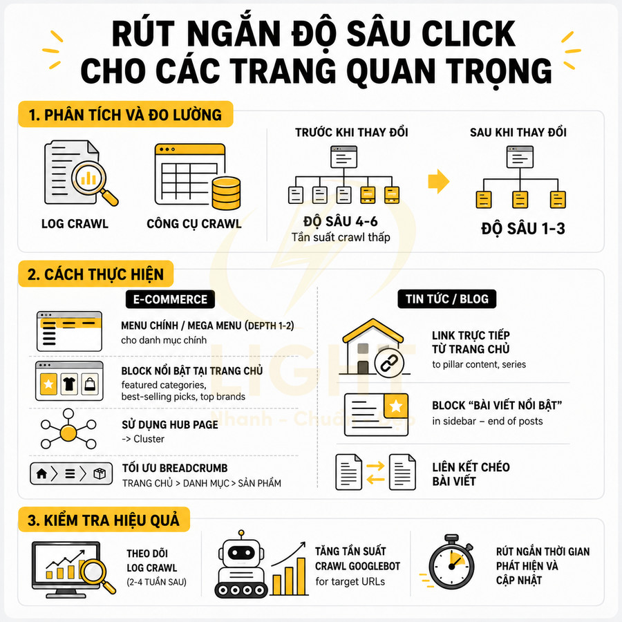 Infographic hướng dẫn rút ngắn độ sâu click trong SEO với phân tích log crawl, cách tối ưu menu, breadcrumb và kiểm tra hiệu quả