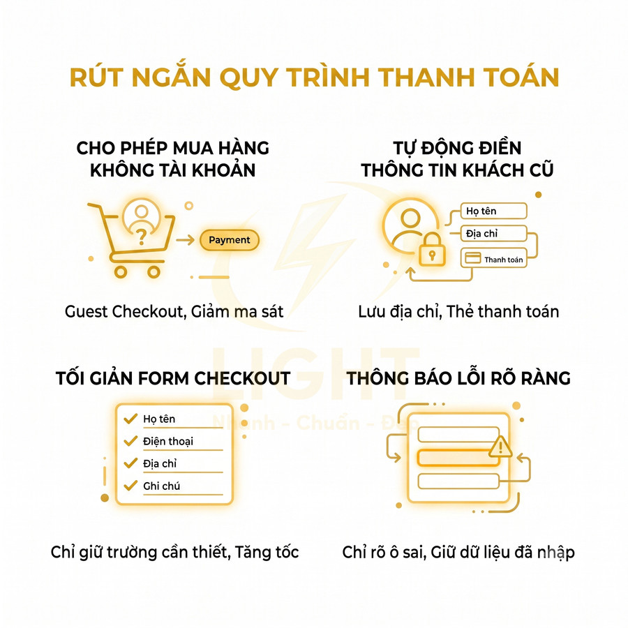 Infographic rút ngắn quy trình thanh toán với guest checkout, tự động điền, tối giản form và thông báo lỗi rõ ràng