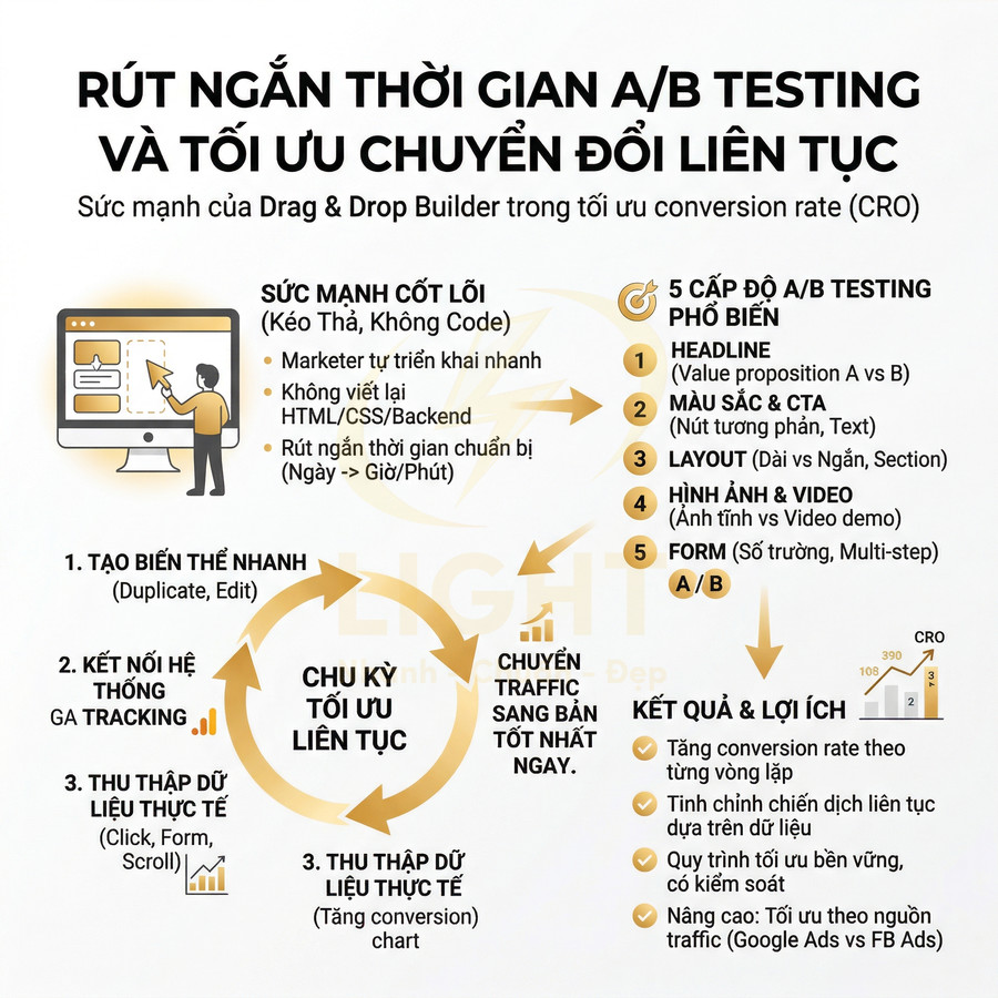 Infographic quy trình tối ưu A/B testing và tăng tỉ lệ chuyển đổi với công cụ Drag and Drop Builder