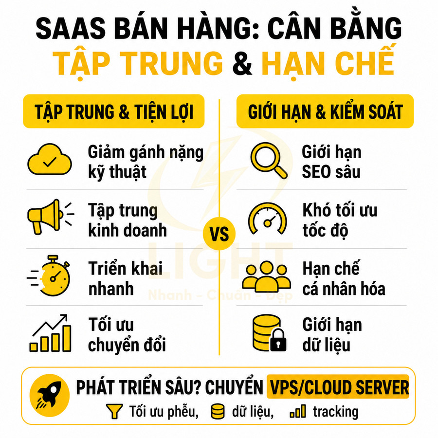 Infographic so sánh ưu nhược điểm SaaS bán hàng và gợi ý nâng cấp VPS cloud server