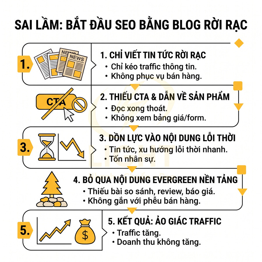 Infographic liệt kê 5 sai lầm khi làm SEO bằng blog rời rạc và hậu quả ảo giác traffic