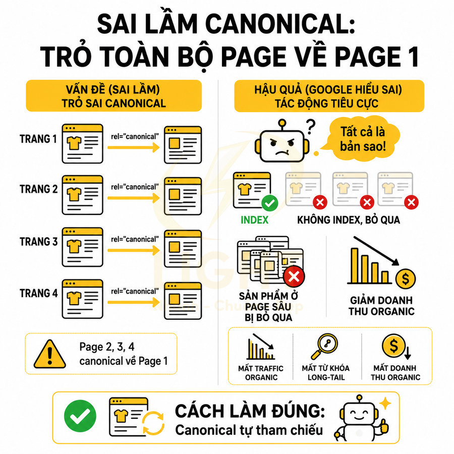 Infographic giải thích sai lầm canonical trỏ toàn bộ page về page 1 và hướng dẫn cách đặt canonical đúng chuẩn SEO