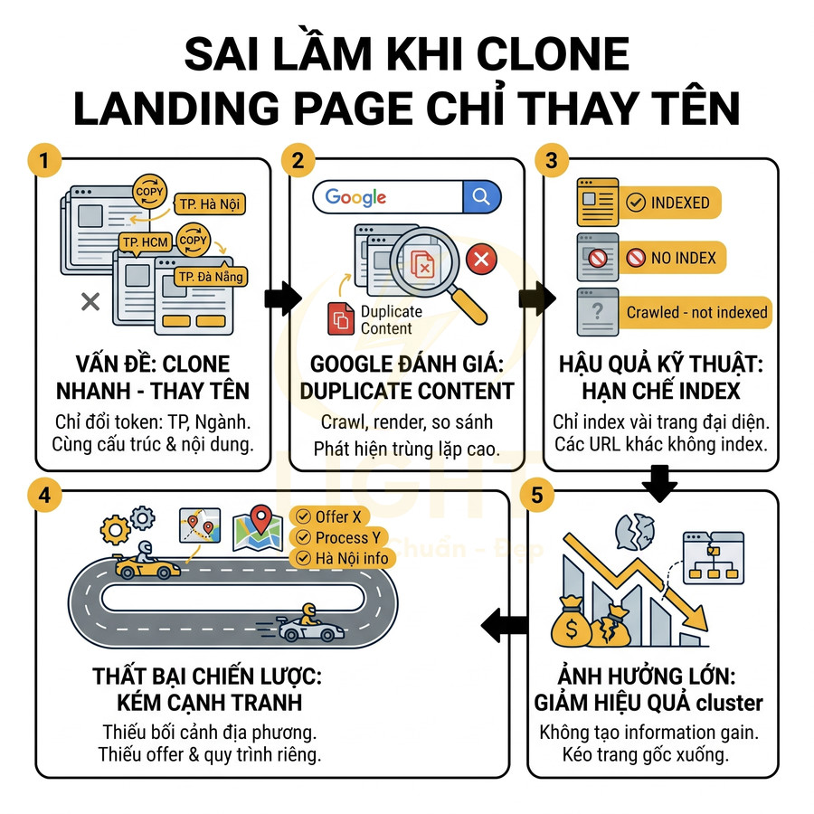 Infographic sai lầm khi clone landing page chỉ thay tên và hậu quả duplicate content trên Google