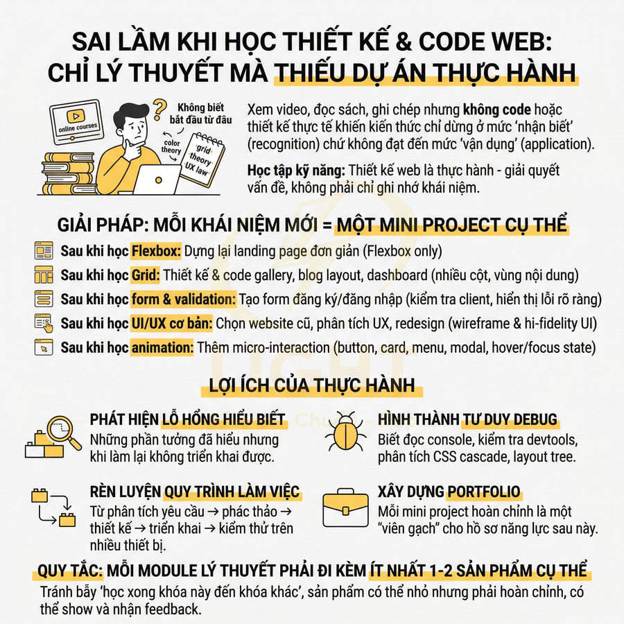Infographic tiếng Việt về sai lầm học thiết kế và code web chỉ học lý thuyết, nhấn mạnh thực hành qua mini project